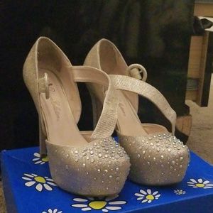 Gold sparkle strap platforms